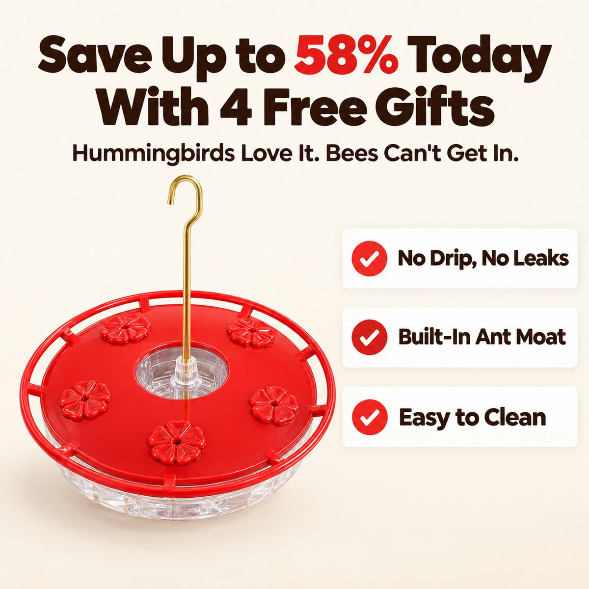 Save up to 58% today with 4 free gifts: Matt 6:26 saucer hummingbird feeder, no drip, built-in ant moat, easy to clean