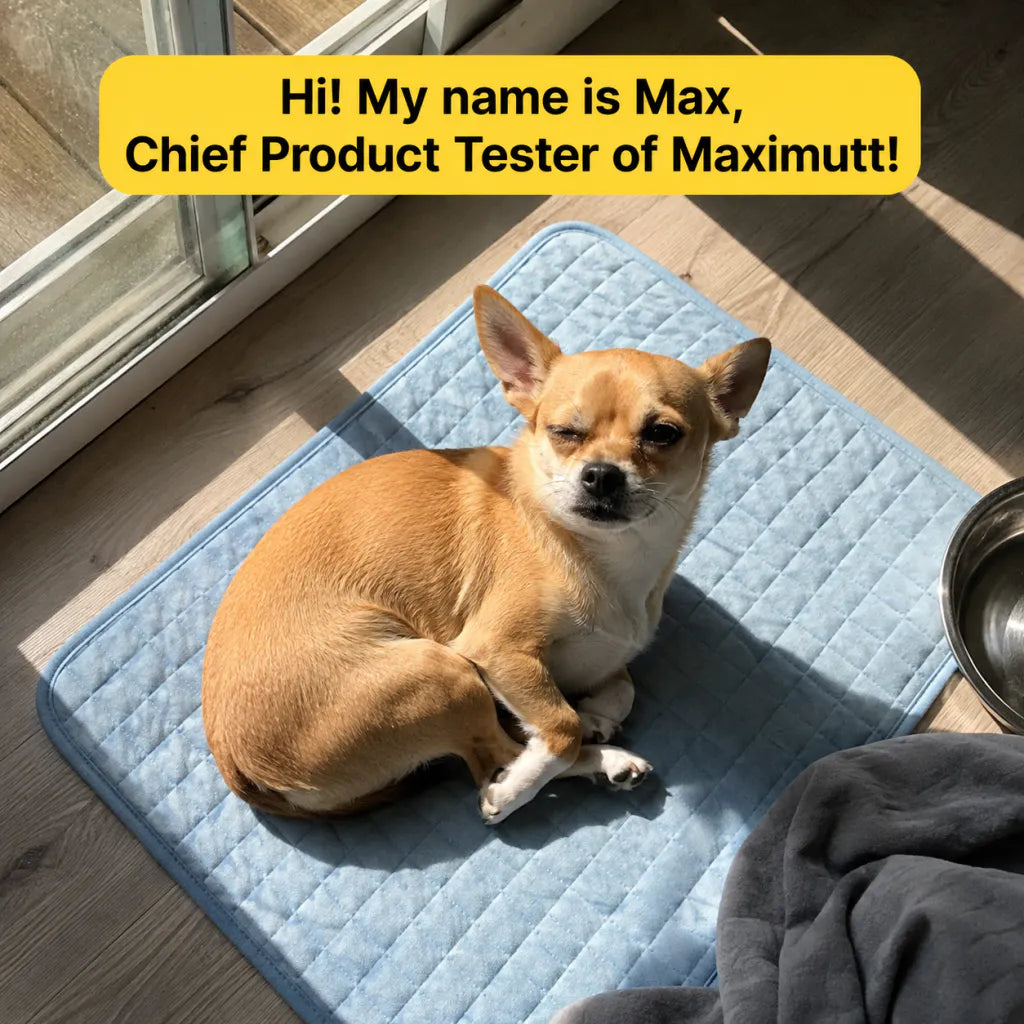 Max, a small tan chihuahua mix, resting on the Maximutt cooling mat in the sun