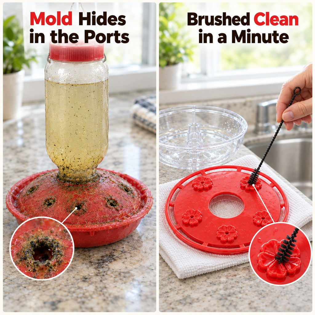 Moldy bottle feeder port next to the saucer feeder's clean port being scrubbed with the included brush