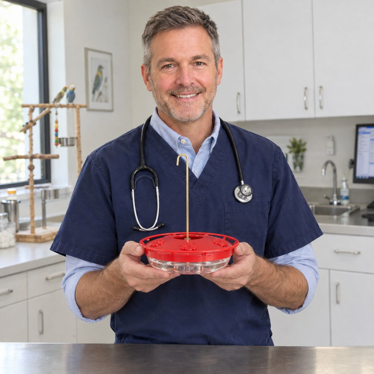 Avian veterinarian holding the saucer hummingbird feeder in his clinic