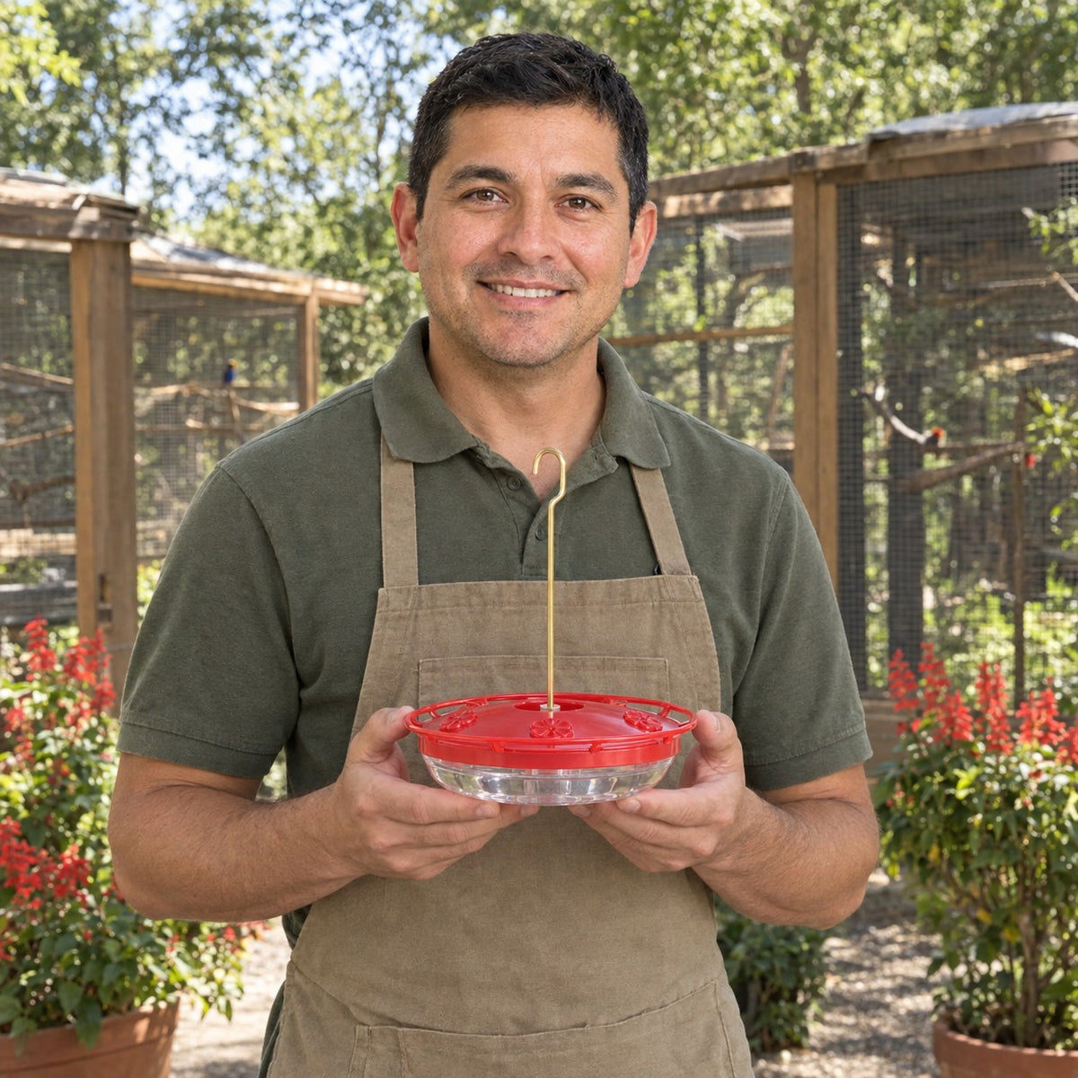 Wildlife rehabilitator holding the saucer hummingbird feeder at a rehab center