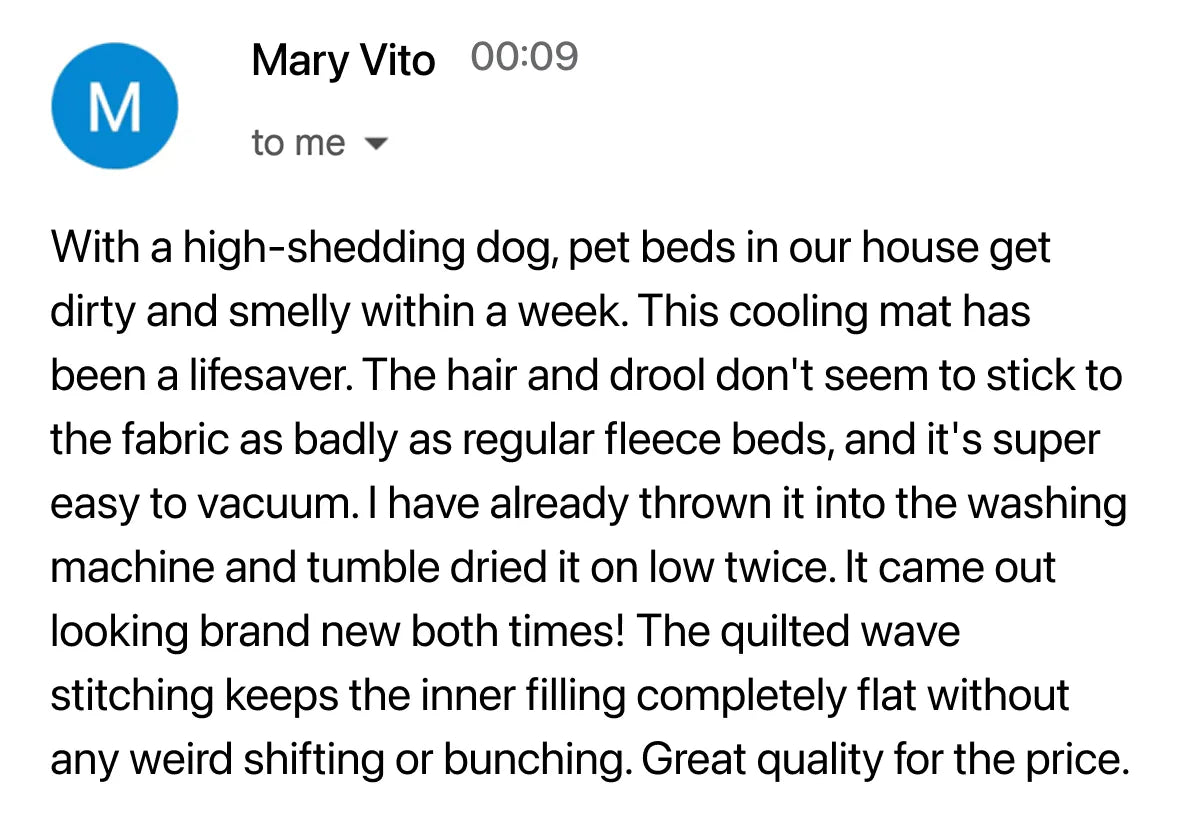 Mary Vito review: high-shedding dog, hair and drool do not stick, machine washed twice and looks brand new