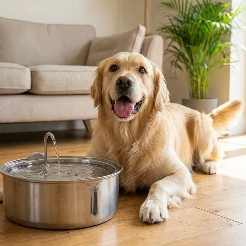 Dog drinking from fountain