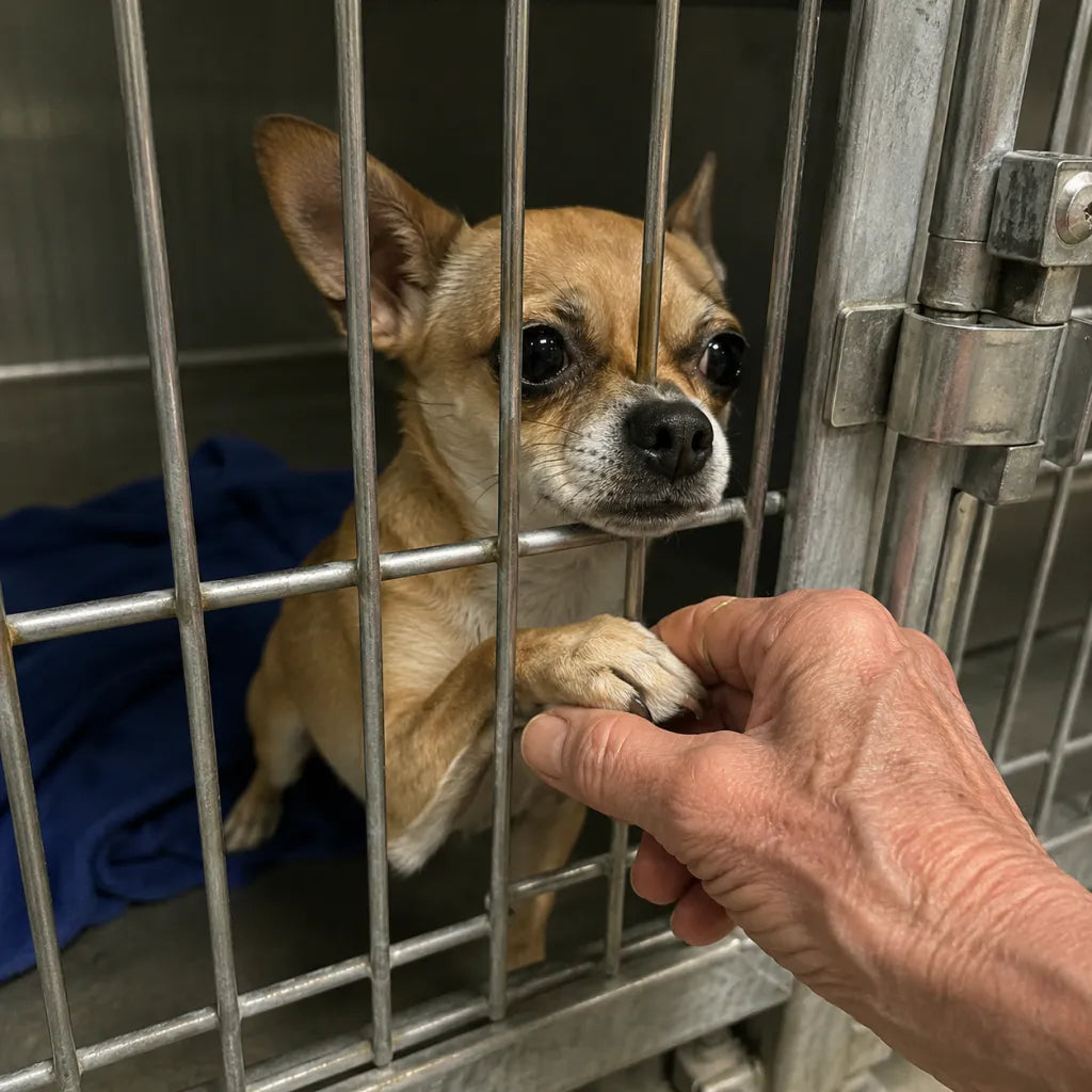 A small tan rescue dog reaching a paw through shelter bars toward an older person's hand